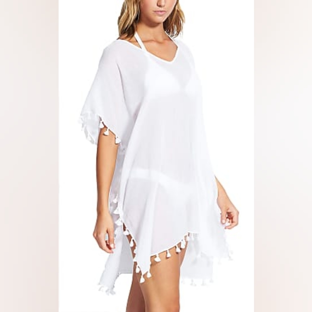SEAFOLLY Women's Kaftan Pom Pom Trim with Gold Accents Cover Up Dress